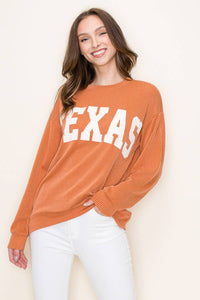 Burnt orange ribbed Texas graphic top