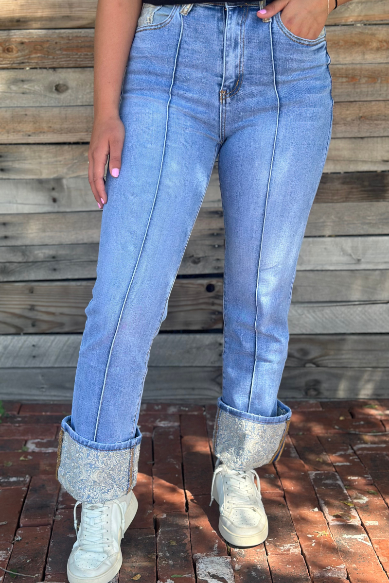 Embroidered Cuffed Jeans