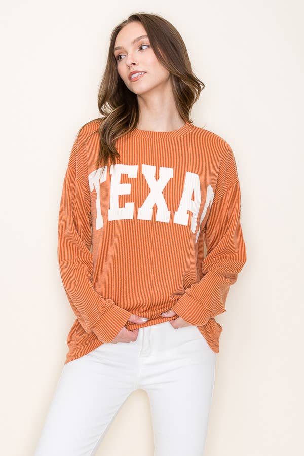 Burnt orange ribbed Texas graphic top