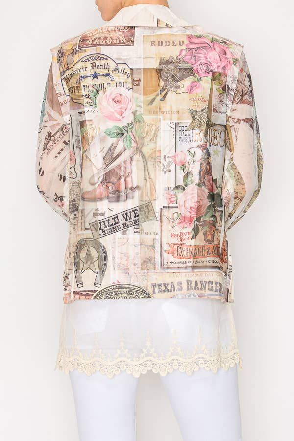 Rose western faux suede mesh trimmed detailed top