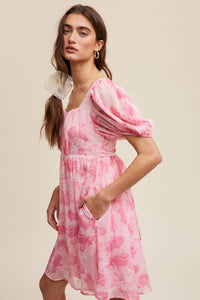 Pink floral puff-sleeve mini dress