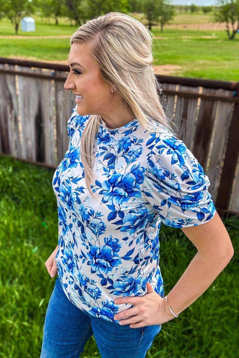 Blue and white floral print top