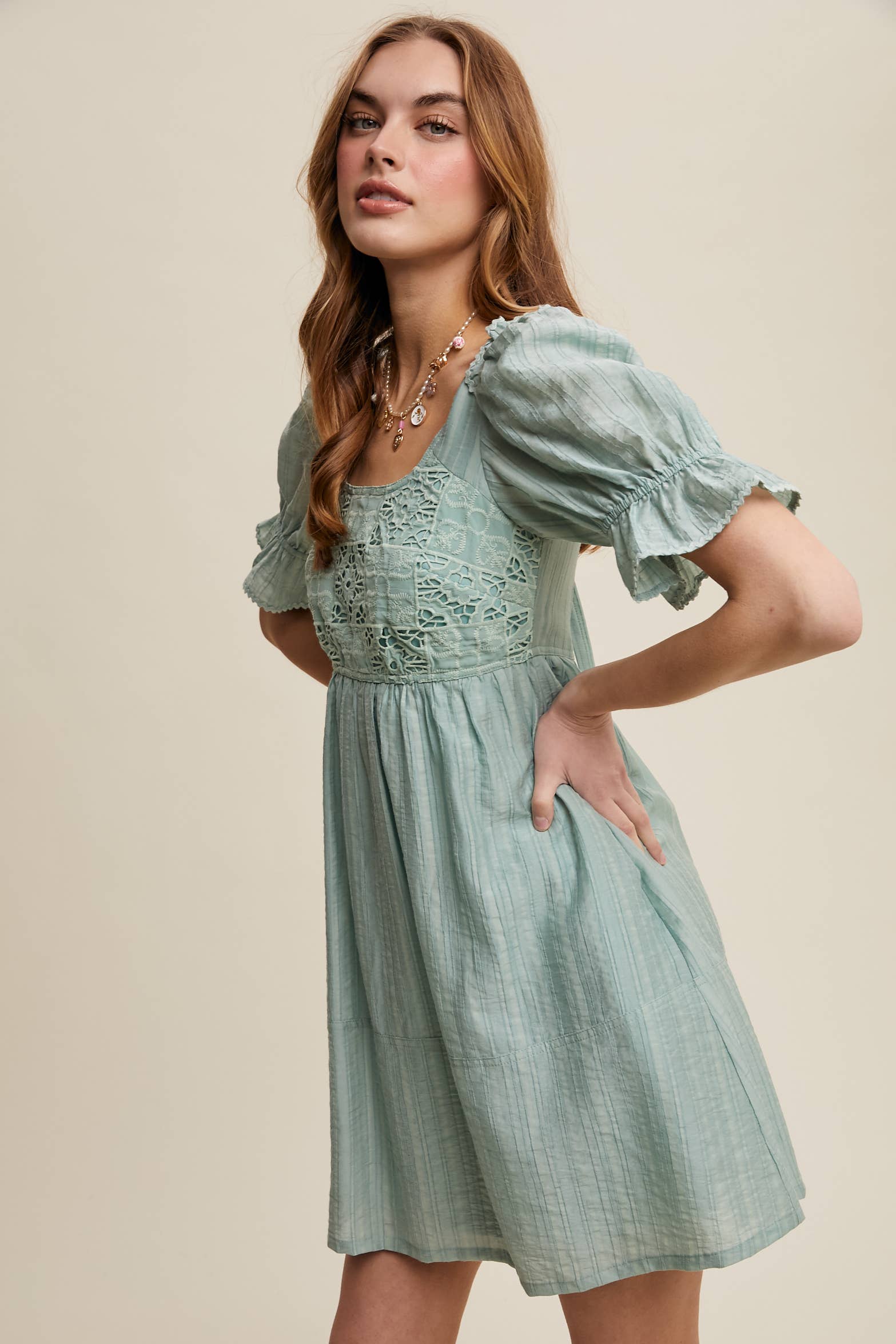 Aqua mint romantic lace babydoll dress