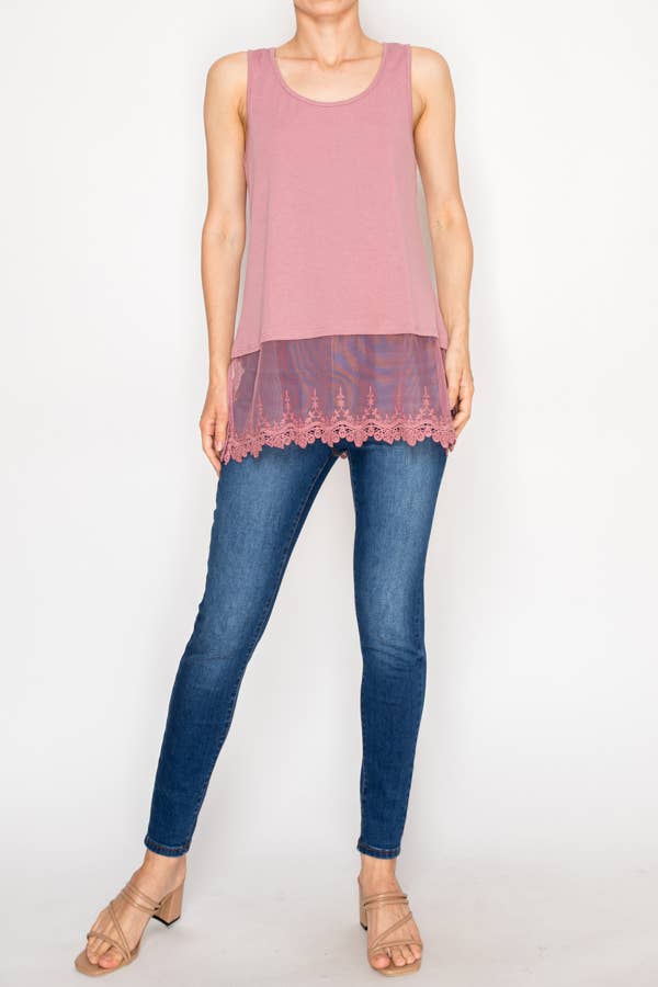 Dusty rose relaxed tank with delicate floral laced hem