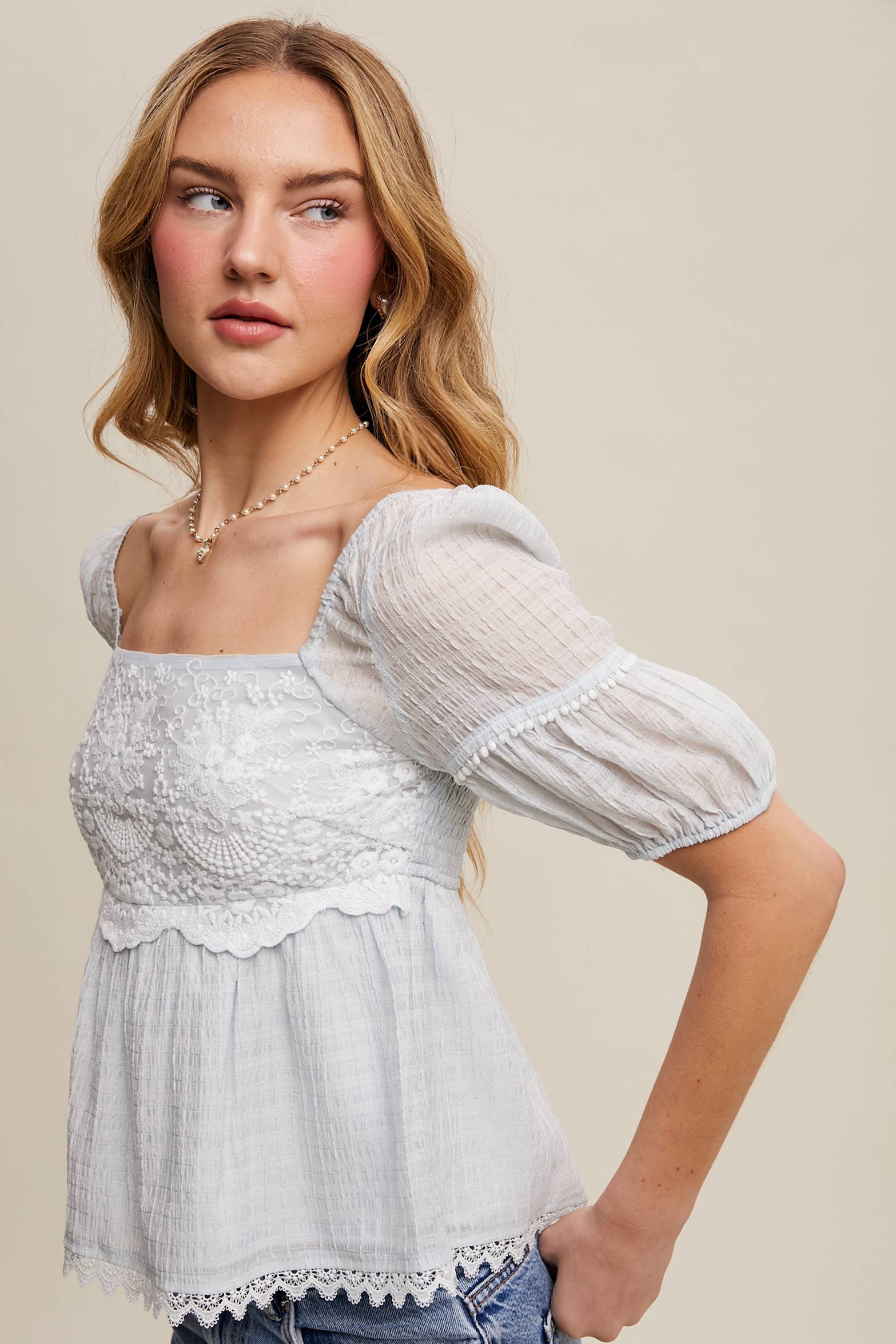 Pale blue bohemian embroidered blouse