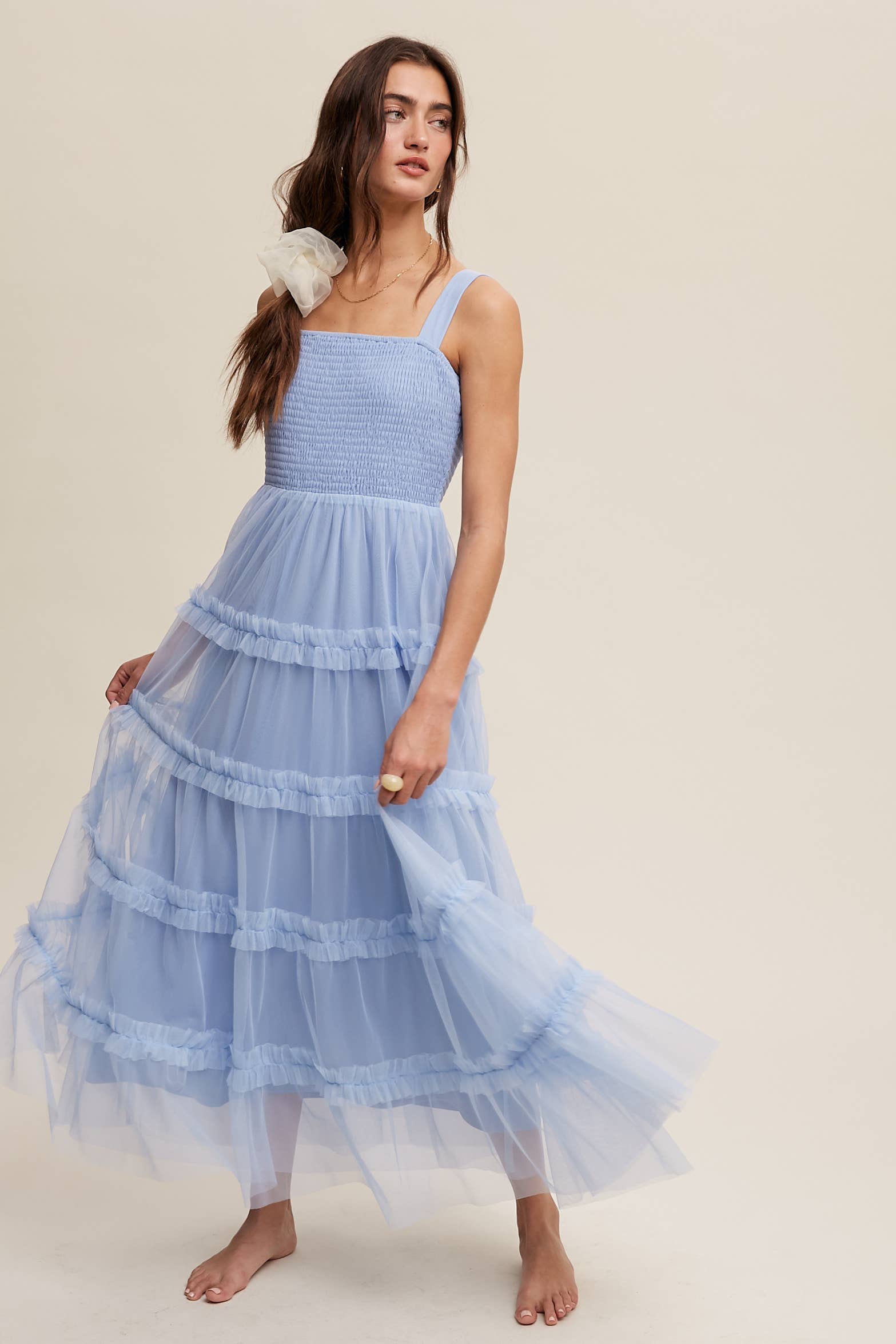 Slate blue tiered tulle maxi dress