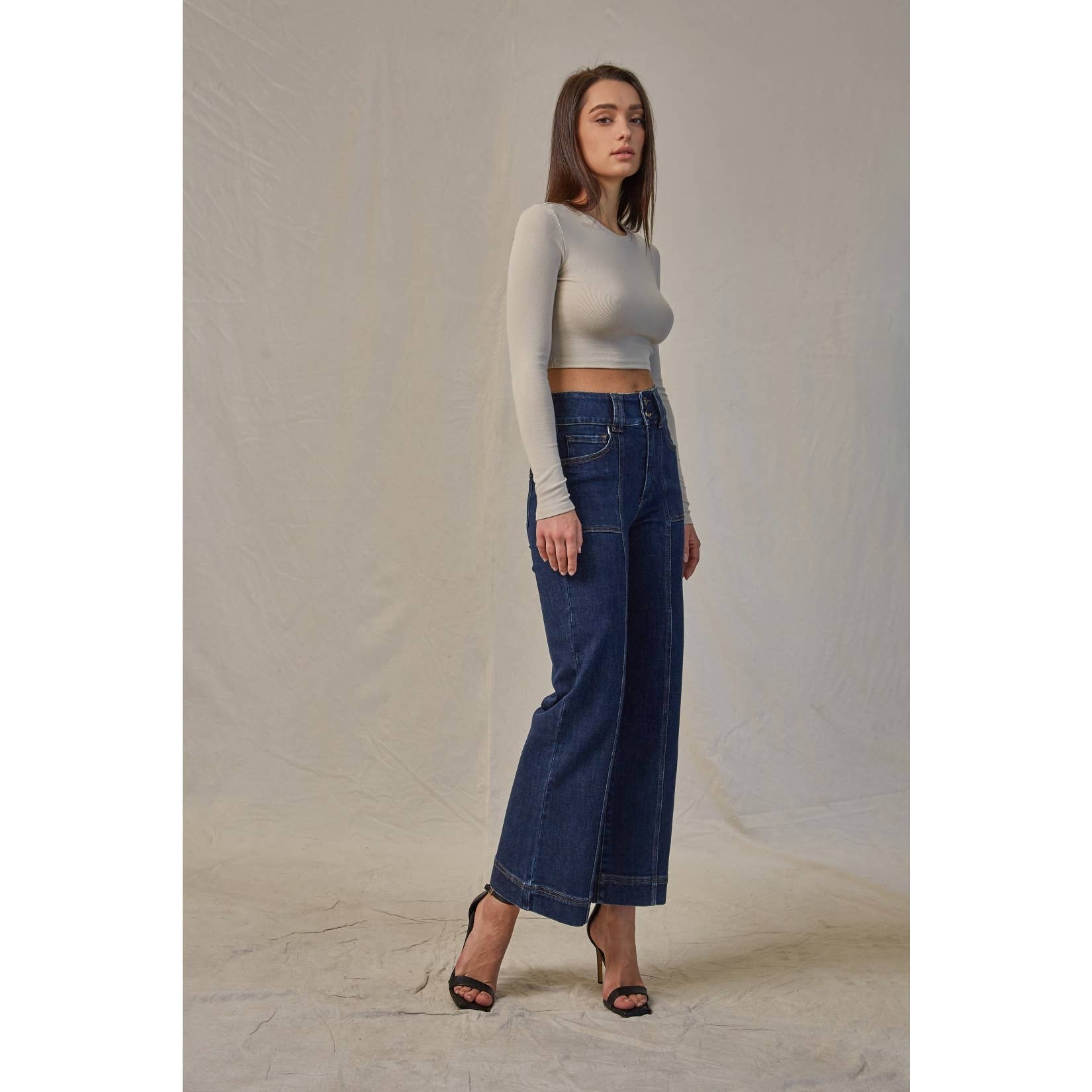 French navy jeans with super high rise and wide crop leg