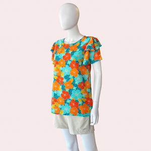 Blue/Orange ruffle sleeve  floral top