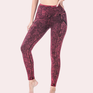 Dark burgundy mineral wash wide waistband leggings with side pockets