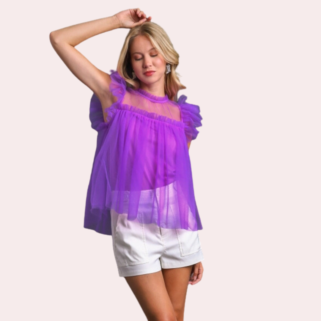 Purple mesh ruffle sleeve & round neck top