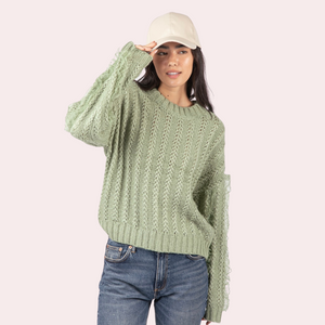 Sage lace trim oversized knit sweater