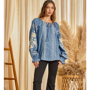 Denim Embroidered Tunic Top