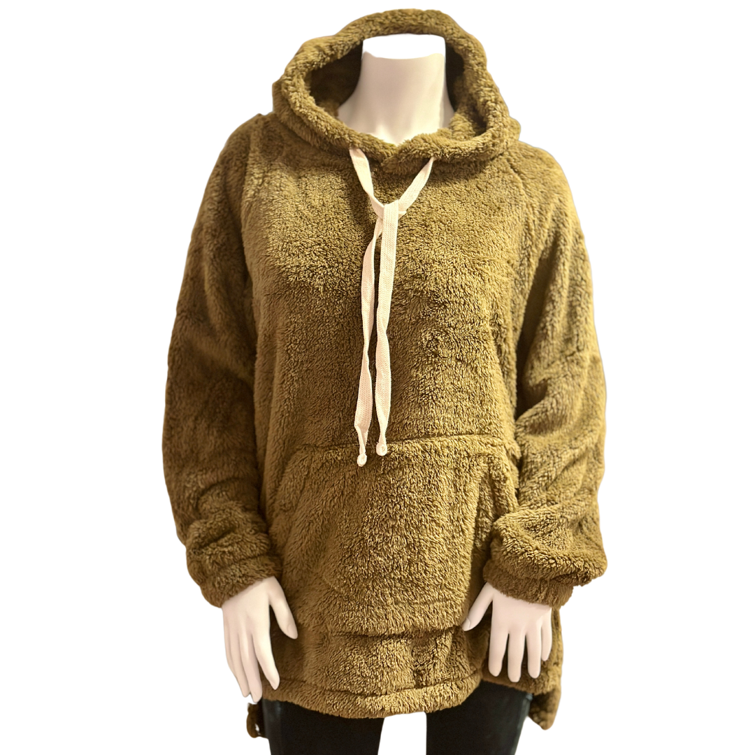 Olive Hooded Faux Fur Kangaroo Pocket Sweater