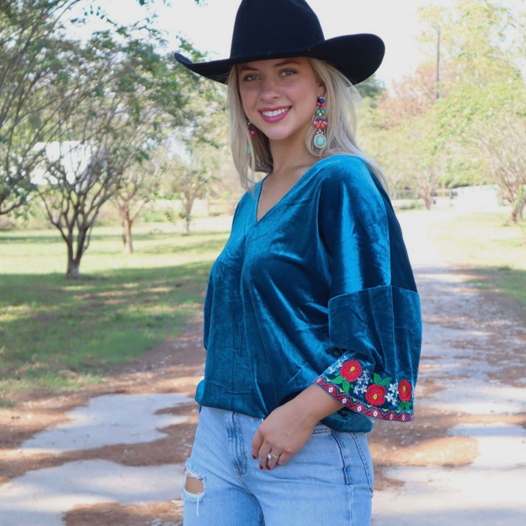 Teal embroidery top