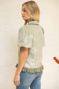 Sage Ruffled Collar Half Zip Floral Velvet Jacquard Top