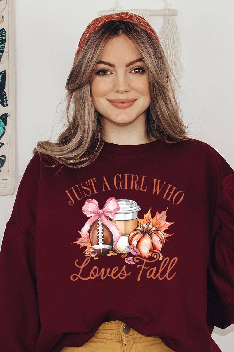 Maroon “Girl Loves Fall”Graphic Fleece Sweatshirt