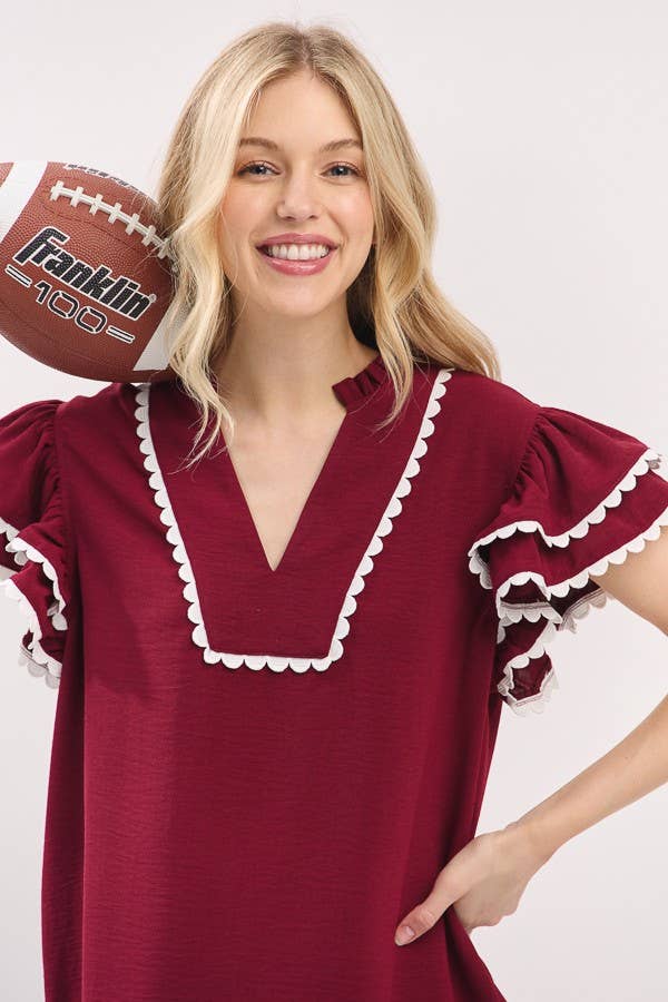 Maroon Game day ruffle sleeve scallop trim top