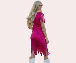 Pink sequin dress with fringe sleeves