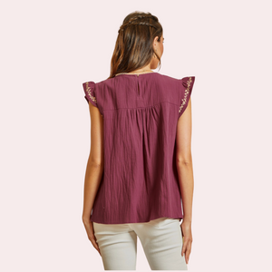 Berry and taupe embroidered top with flutter sleeves