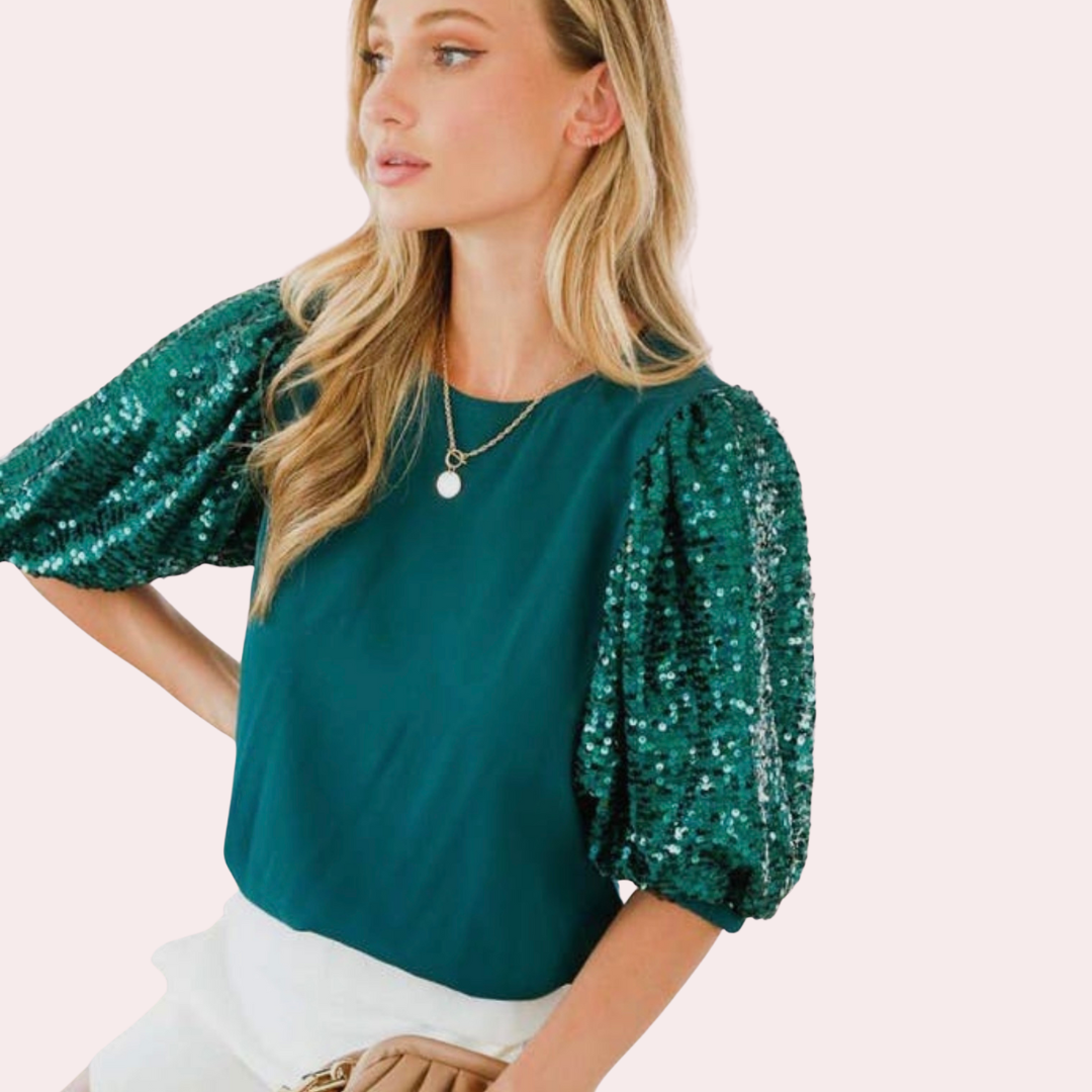 Hunter green round neck sequin contrast sleeve blouse