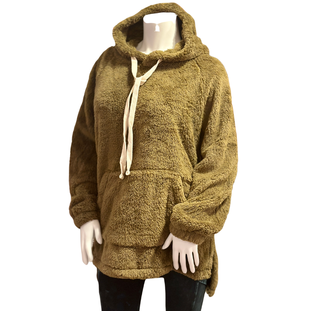 Olive Hooded Faux Fur Kangaroo Pocket Sweater