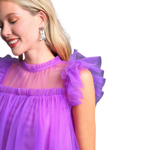 Purple mesh ruffle sleeve & round neck top
