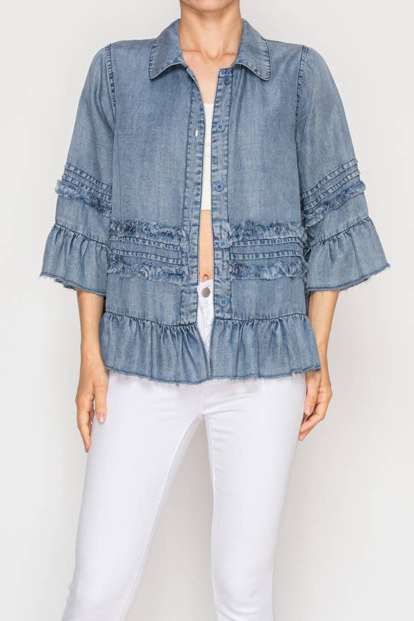 Lightweight Chambray Ruffle Detailed Jacket