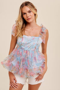 Blue floral print organza bow-tie top