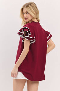 Maroon Game day ruffle sleeve scallop trim top