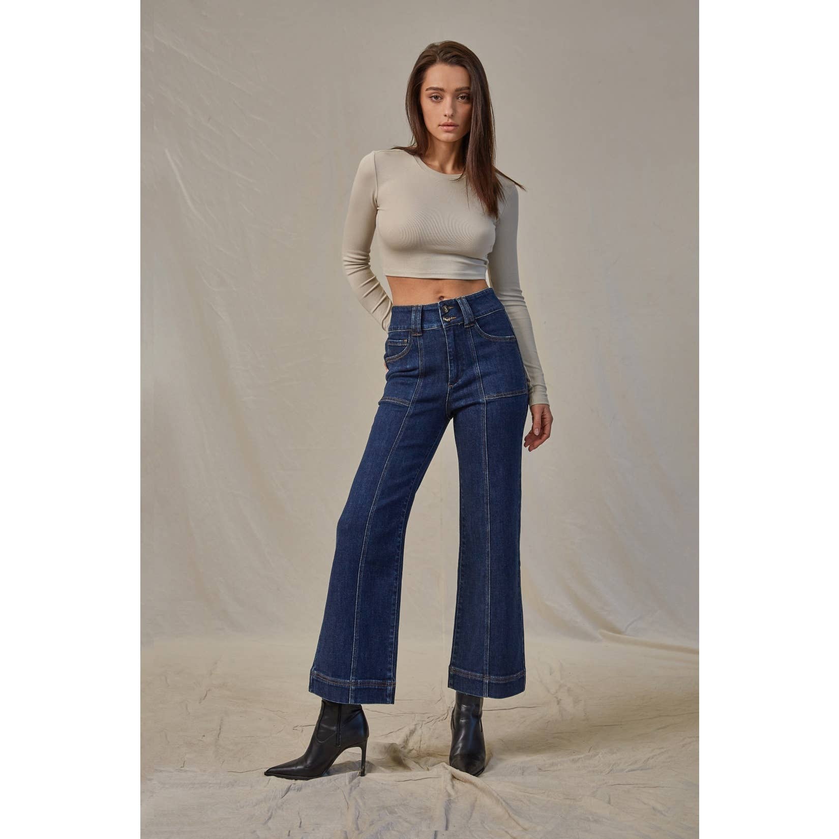 French navy jeans with super high rise and wide crop leg