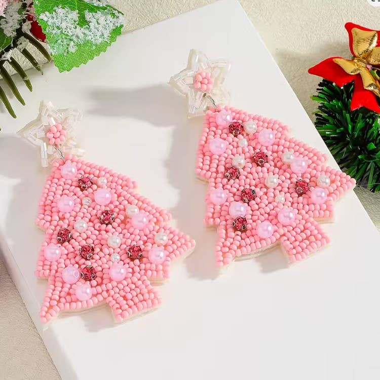 Pink Christmas tree bead star earring