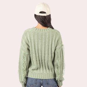 Sage lace trim oversized knit sweater