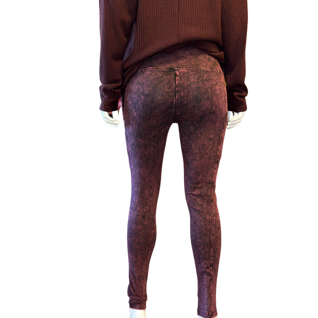 Dark burgundy mineral wash wide waistband leggings with side pockets