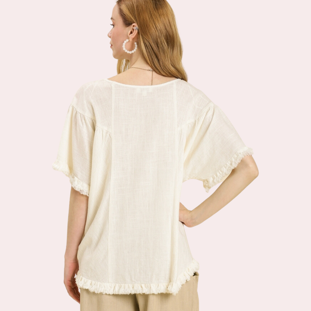 Off white top with frayed hem & sleeves