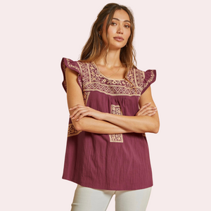 Berry and taupe embroidered top with flutter sleeves