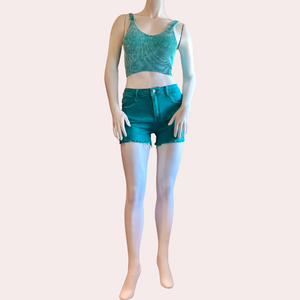 Teal acid washed frayed cutoff hem shorts