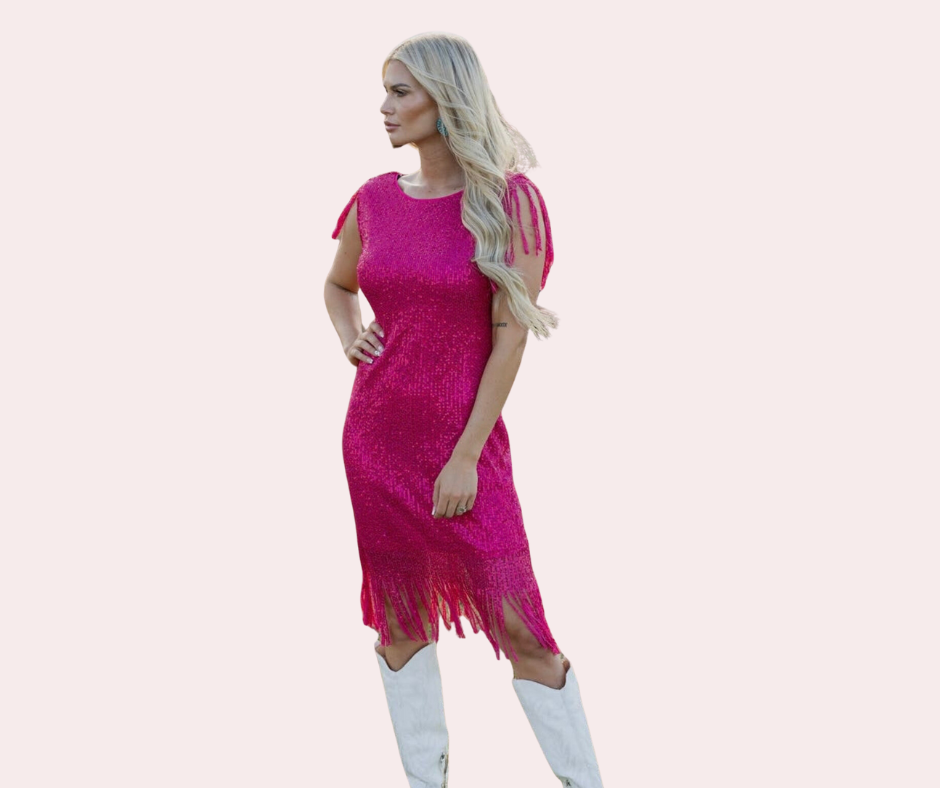 Pink sequin dress with fringe sleeves