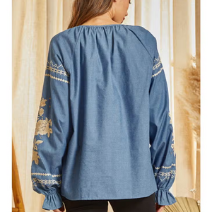 Denim Embroidered Tunic Top