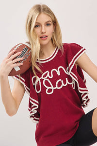 Maroon & white ruffle sleeve varsity game day knit top