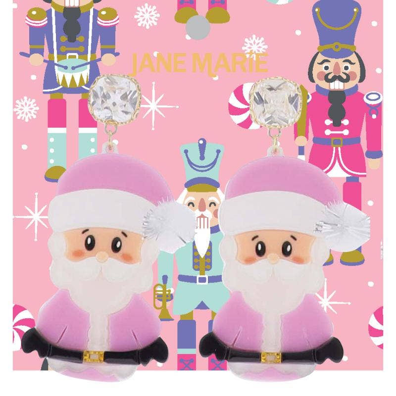 Pink, White Acrylic Santa with White/Silver Pom Earring