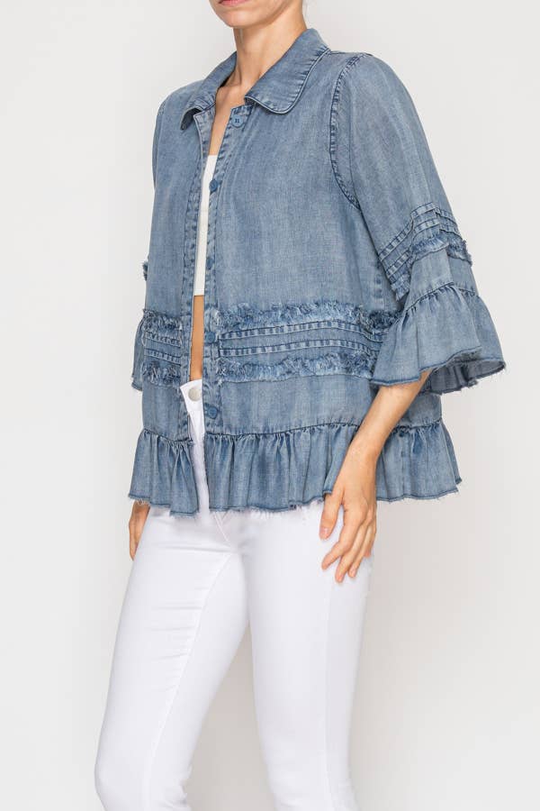 Lightweight Chambray Ruffle Detailed Jacket