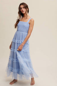 Slate blue tiered tulle maxi dress