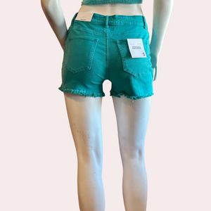 Teal acid washed frayed cutoff hem shorts