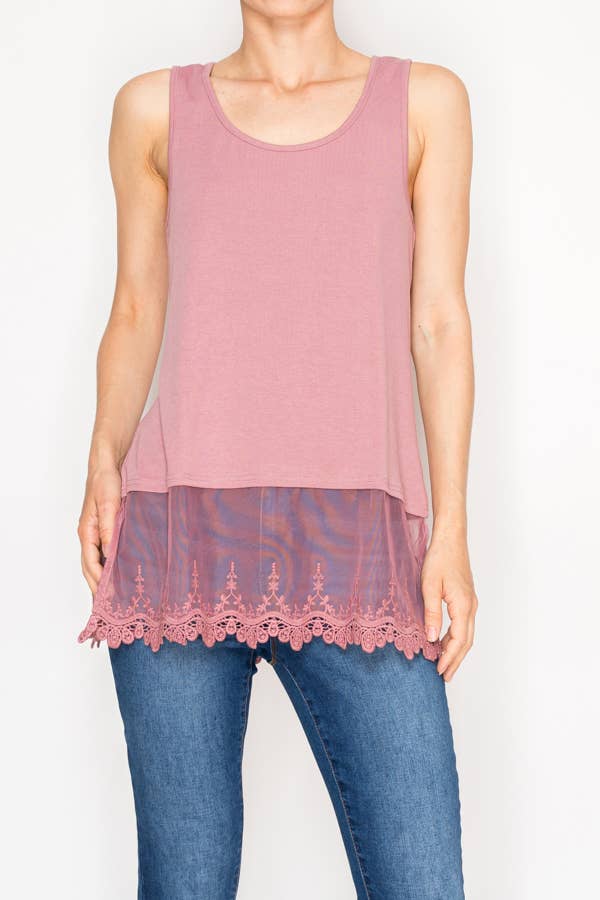 Dusty rose relaxed tank with delicate floral laced hem