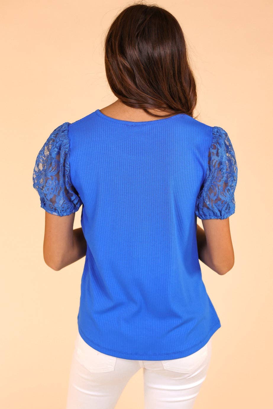 Blue Ribbed Tee With Lace Puff Sleeve