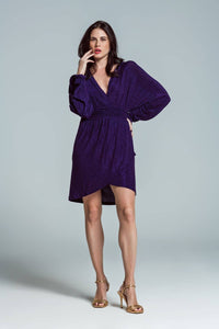 Purple Mini length glitter dress with deep V neck