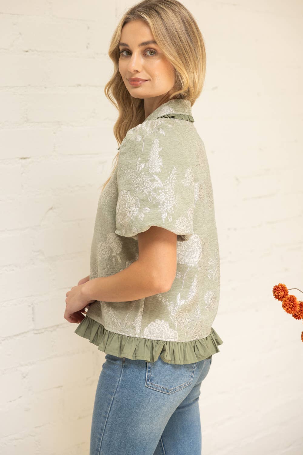 Sage Ruffled Collar Half Zip Floral Velvet Jacquard Top