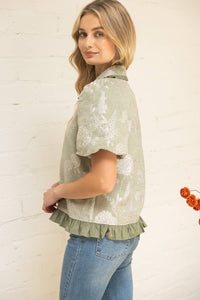 Sage Ruffled Collar Half Zip Floral Velvet Jacquard Top