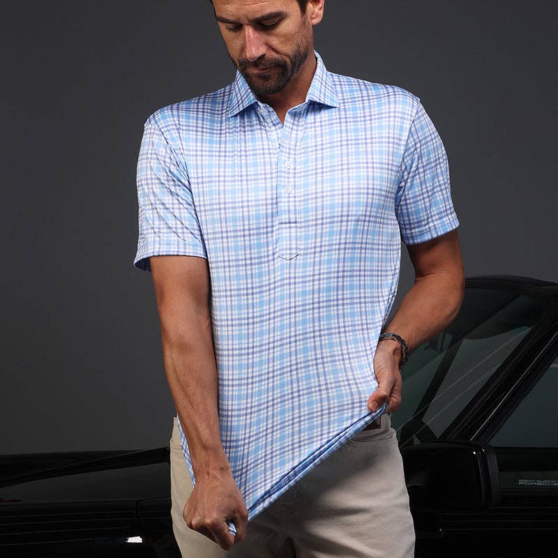 Sea Island Blue and Purple Plaid Semi-Spread Collar Polo