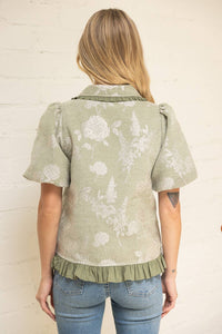 Sage Ruffled Collar Half Zip Floral Velvet Jacquard Top